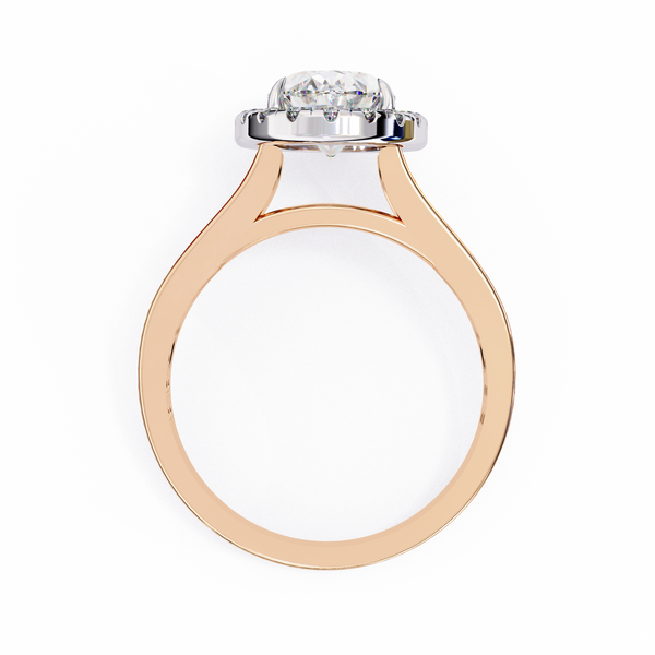 Rose Gold Oval Cut Diamond Halo Ring with Split Shank Pavé Band