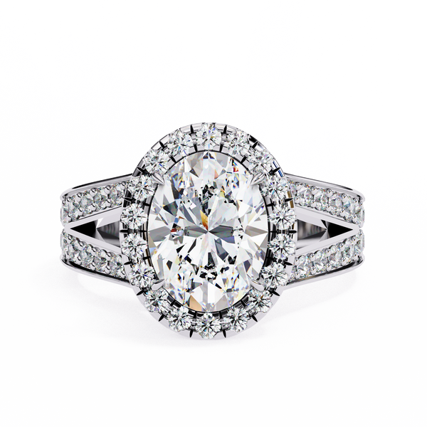 White Gold Oval Cut Diamond Halo Ring with Split Pavé Shoulders