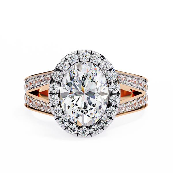 Rose Gold Oval Cut Diamond Halo Ring with Split Shank Pavé Band