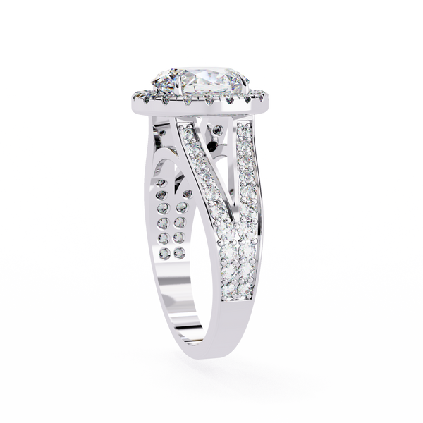 White Gold Oval Cut Diamond Halo Ring with Split Pavé Shoulders