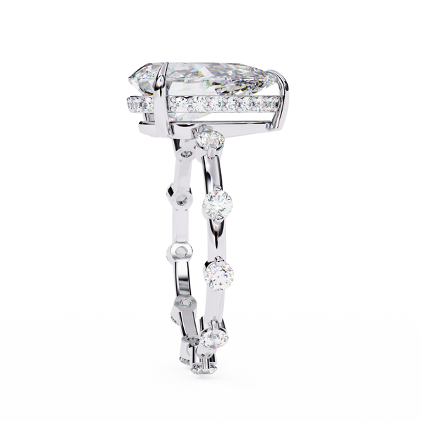 White Gold Pear Cut Diamond Ring with Hidden Halo and Spaced Round Eternity Accents
