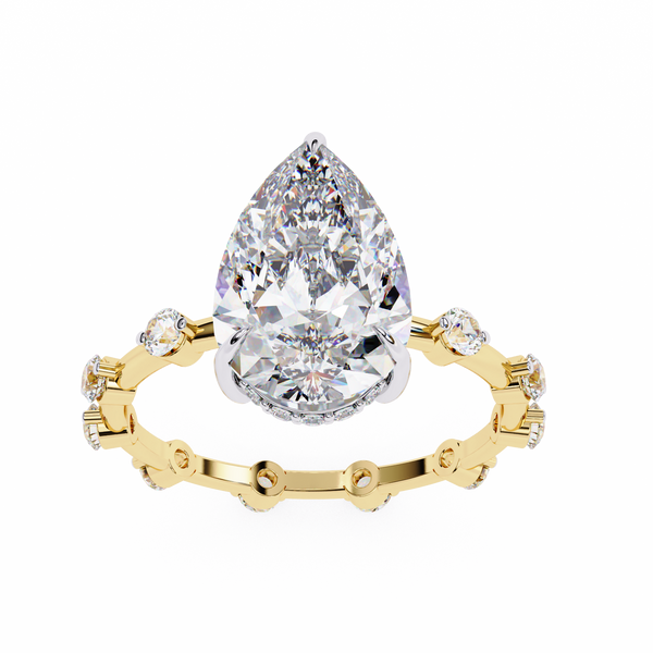 Yellow Gold Pear Cut Diamond Ring with Hidden Halo and Spaced Round Eternity Accents