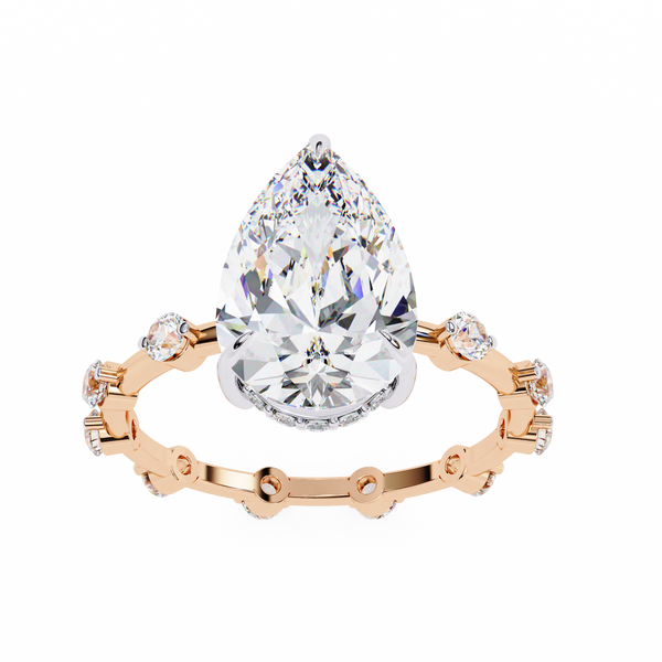 Rose Gold Pear Cut Diamond Ring with Hidden Halo and Spaced Round Eternity Band