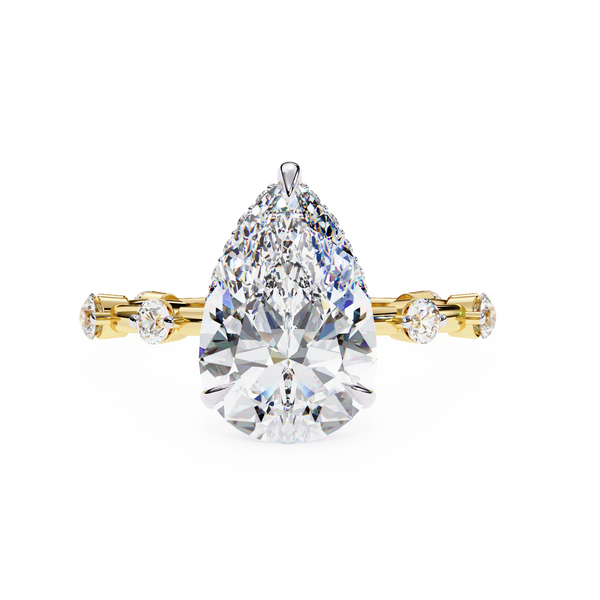 Yellow Gold Pear Cut Diamond Ring with Hidden Halo and Spaced Round Eternity Accents