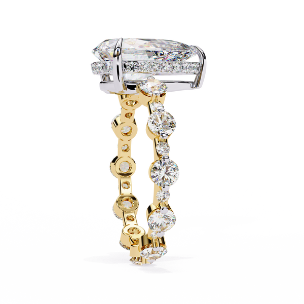 Yellow Gold Pear Cut Diamond Ring with Hidden Halo and Shared-Prong Eternity Accents