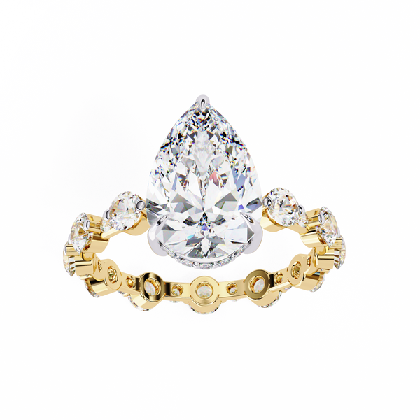 Yellow Gold Pear Cut Diamond Ring with Hidden Halo and Shared-Prong Eternity Accents