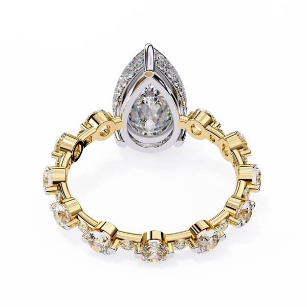 Yellow Gold Pear Cut Diamond Ring with Hidden Halo and Shared-Prong Eternity Accents