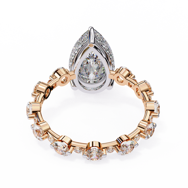 Rose Gold Pear Cut Diamond Ring with Round Eternity Band and Hidden Halo