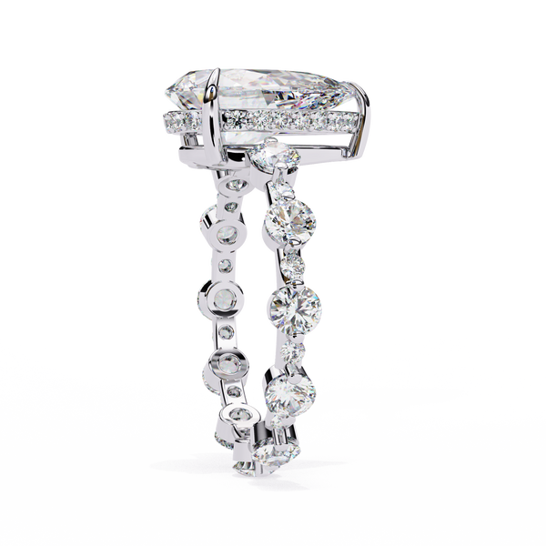 White Gold Pear Cut Diamond Ring with Hidden Halo and Shared-Prong Eternity Accents