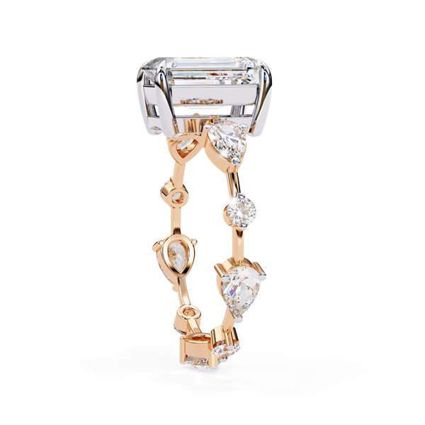 Rose Gold Emerald Cut Diamond Ring with Pear Eternity Band