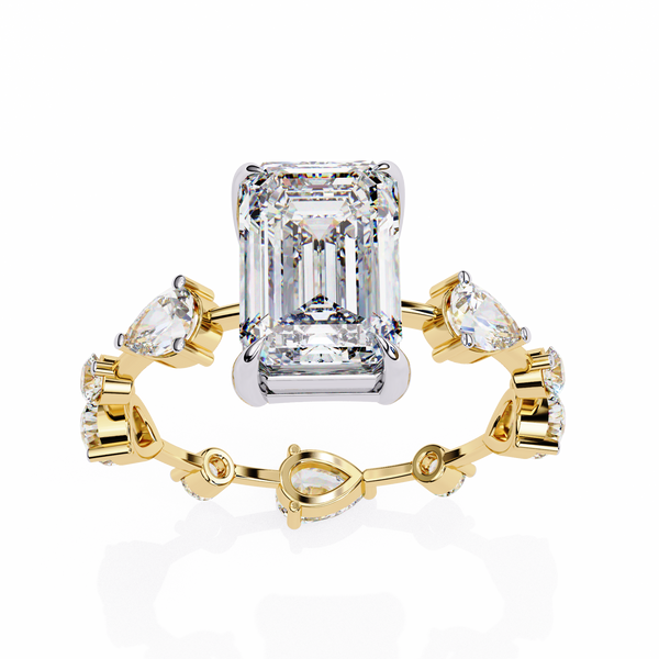 Yellow Gold Emerald Cut Diamond Ring with Pear and Round Eternity Accents
