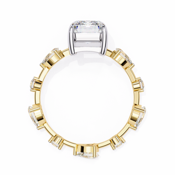 Yellow Gold Emerald Cut Diamond Ring with Pear and Round Eternity Accents