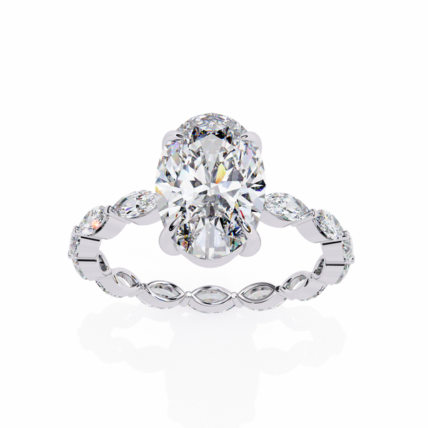 White Gold Oval Cut Diamond Ring with Marquise Eternity Accents
