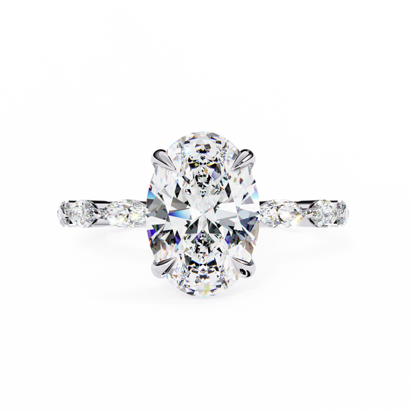 White Gold Oval Cut Diamond Ring with Marquise Eternity Accents