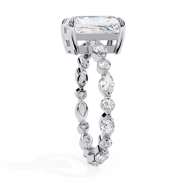 White Gold Radiant Cut Diamond Ring with Pear and Round Accents