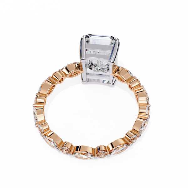 Rose Gold Radiant Cut Diamond Ring with Pear and Round Accent Band