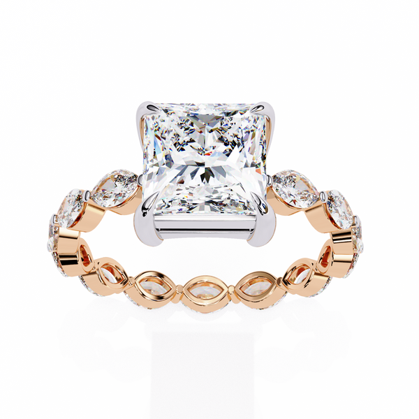 Rose Gold Princess Cut Diamond Ring with Marquise Eternity Band