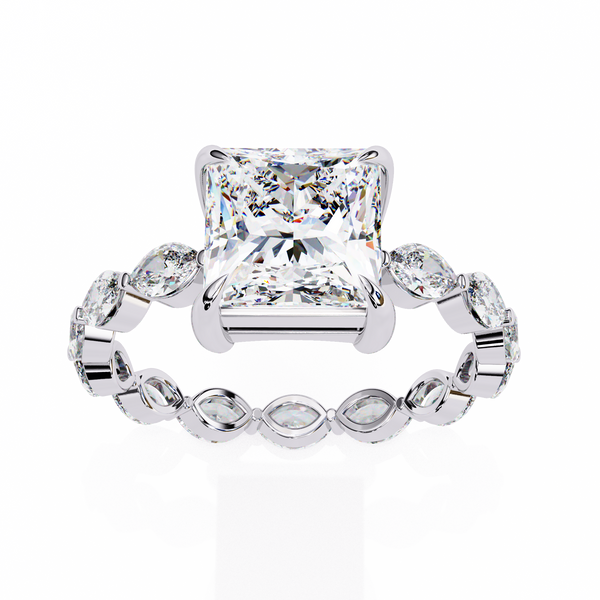 White Gold Princess Cut Diamond Ring with Marquise Eternity Band and Four Prong Setting