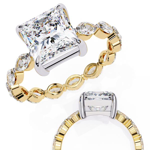 Yellow Gold Princess Cut Diamond Ring with Marquise Eternity Accents