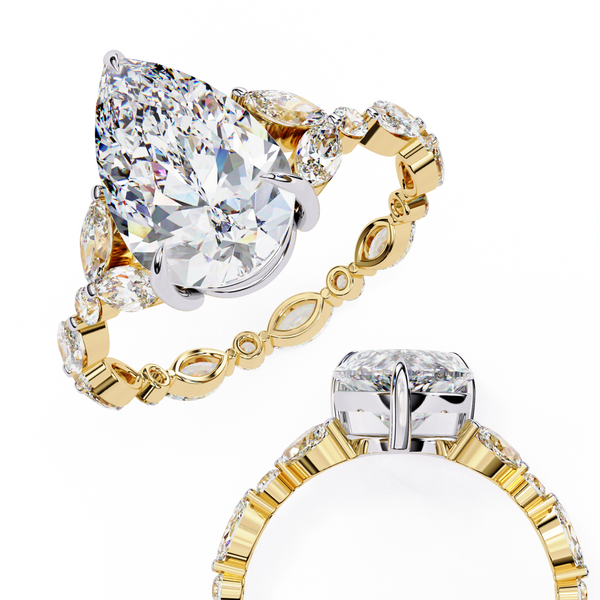 Yellow Gold Pear Cut Diamond Ring with Marquise and Round Eternity Band