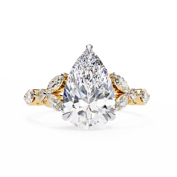 Yellow Gold Pear Cut Diamond Ring with Marquise and Round Eternity Band