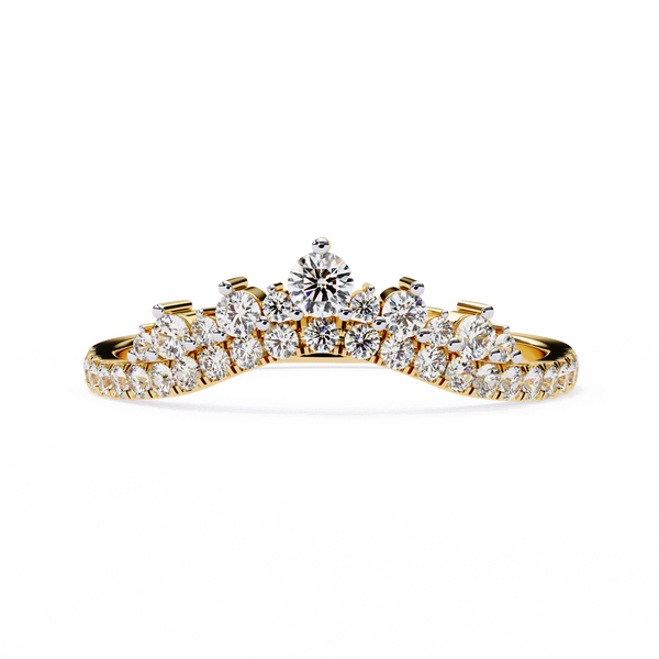 Yellow Gold Round Diamond Tiara Crown Ring with Pavé Band