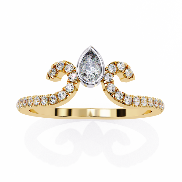 Yellow Gold Pear Cut Diamond Crown Ring with Pavé Scroll Band