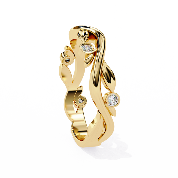 Yellow Gold Round Diamond Leaf and Vine Eternity Band