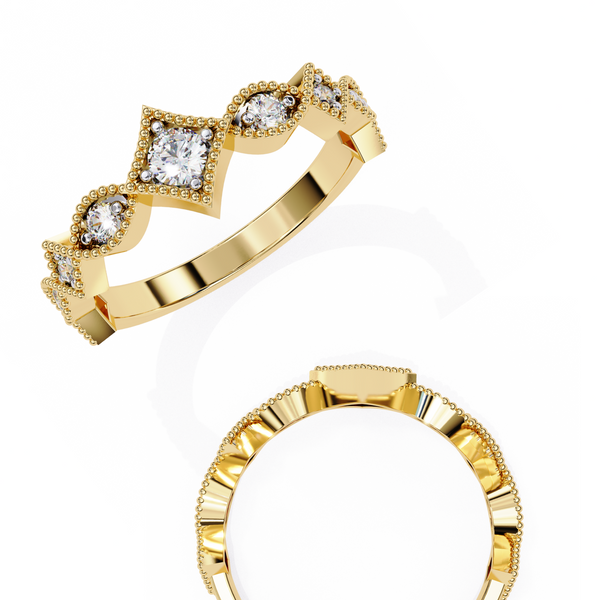 Yellow Gold Round Diamond Milgrain Tiara Ring
