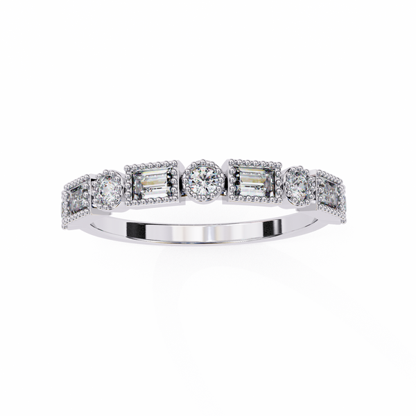 White Gold Baguette and Round Diamond Milgrain Station Band