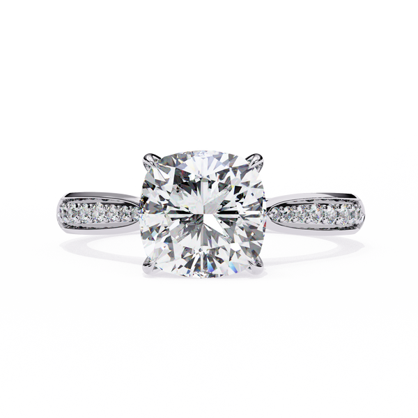 White Gold Cushion Cut Diamond Ring with Channel Pavé Shoulders