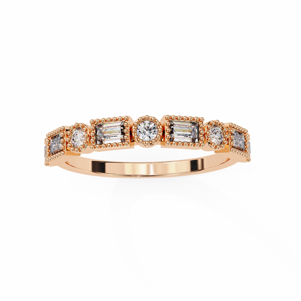 Rose Gold Baguette and Round Diamond Milgrain Station Band