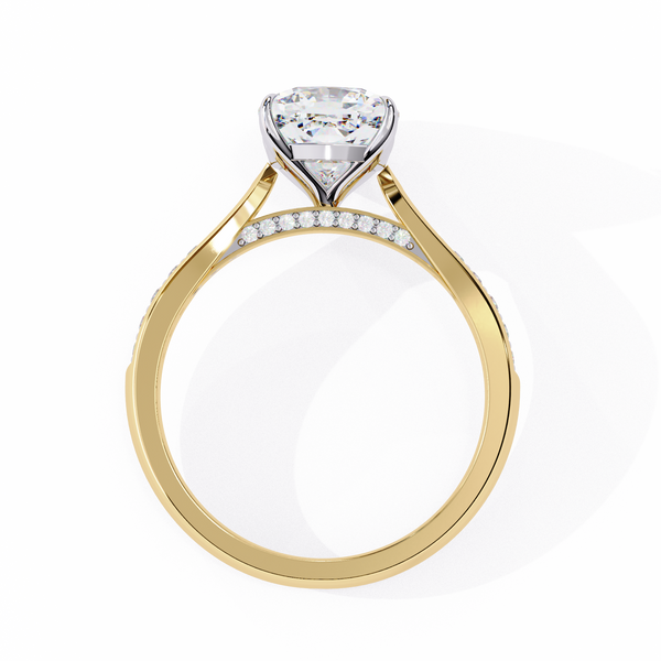 Yellow Gold Cushion Cut Diamond Ring with Two-Tone Channel Pavé Shoulders