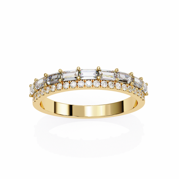 Yellow Gold Baguette and Round Diamond Two Row Half Eternity Band