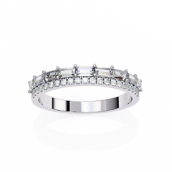 White Gold Baguette and Round Diamond Two Row Half Eternity Band