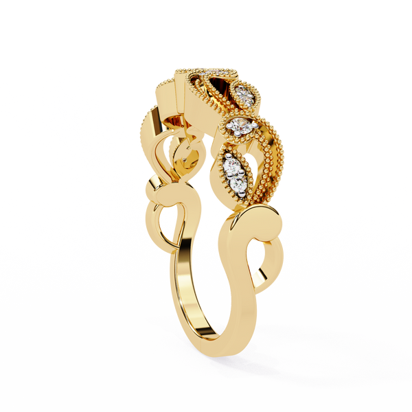 Yellow Gold Round Diamond Milgrain Paisley Scroll Half Eternity Ring
