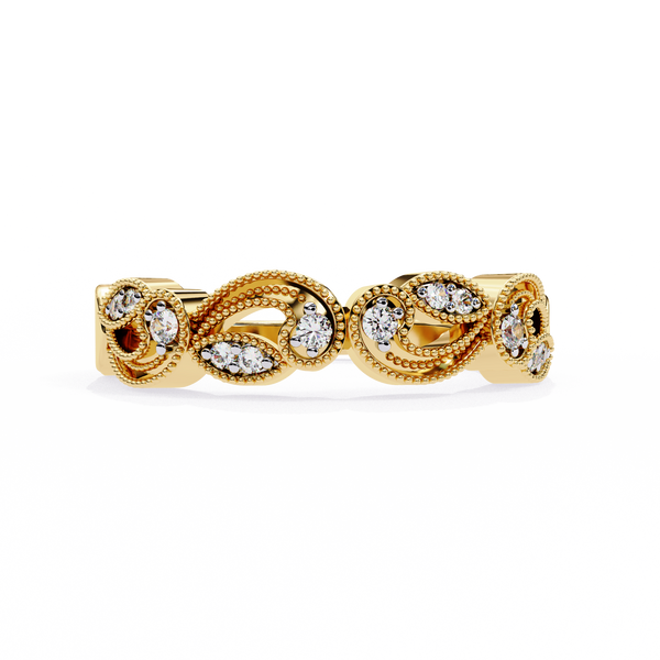 Yellow Gold Round Diamond Milgrain Paisley Scroll Half Eternity Ring