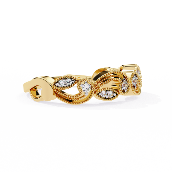 Yellow Gold Round Diamond Milgrain Paisley Scroll Half Eternity Ring