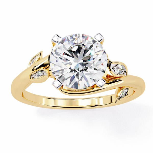 Yellow Gold Round Diamond Bypass Leaf Shoulder Solitaire Ring