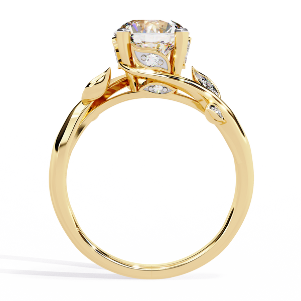 Yellow Gold Round Diamond Bypass Leaf Shoulder Solitaire Ring