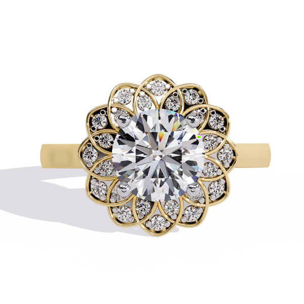 Yellow Gold Round Diamond Petal Halo Flower Cluster Ring