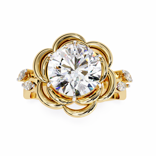 Yellow Gold Round Diamond Sculpted Bloom Solitaire Ring
