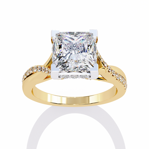 Yellow Gold Princess Cut Diamond Twisted Pavé Shank Ring