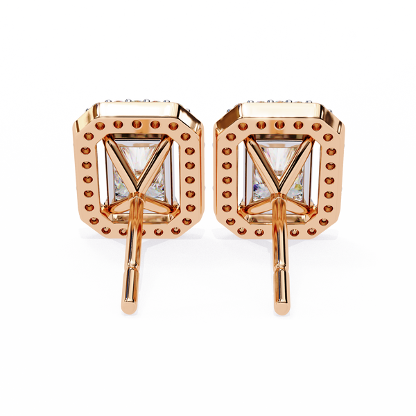 Rose Gold Radiant Cut Diamond Halo Stud Earrings