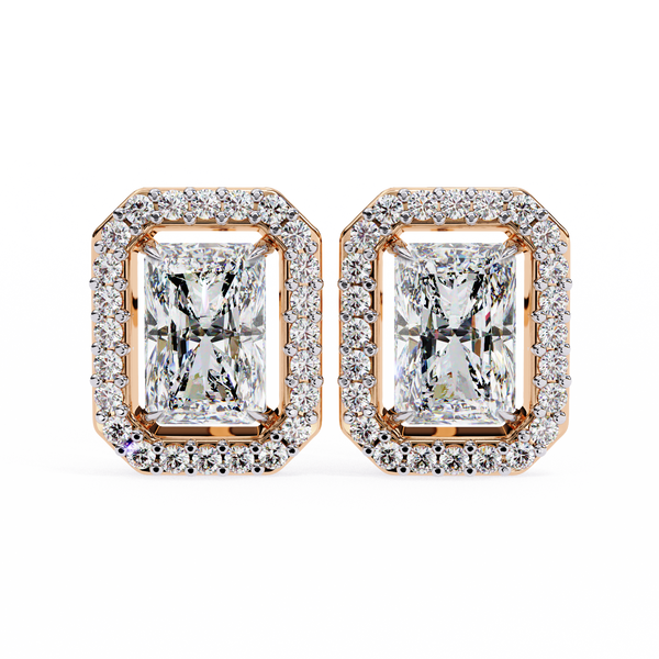 Rose Gold Radiant Cut Diamond Halo Stud Earrings