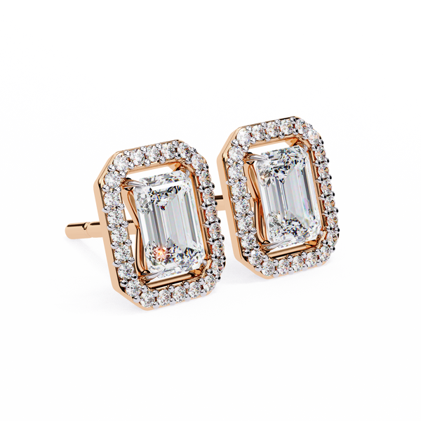 Rose Gold Emerald Cut Diamond Rectangular Halo Stud Earrings