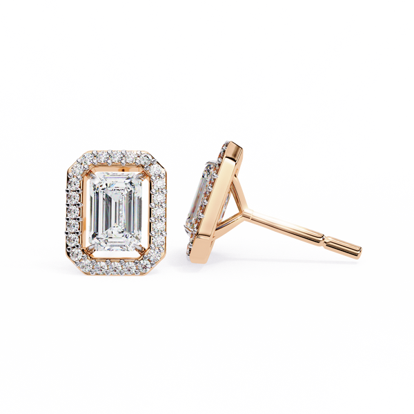 Rose Gold Emerald Cut Diamond Rectangular Halo Stud Earrings