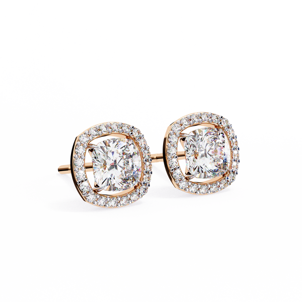 Rose Gold Cushion Cut Diamond Square Halo Stud Earrings