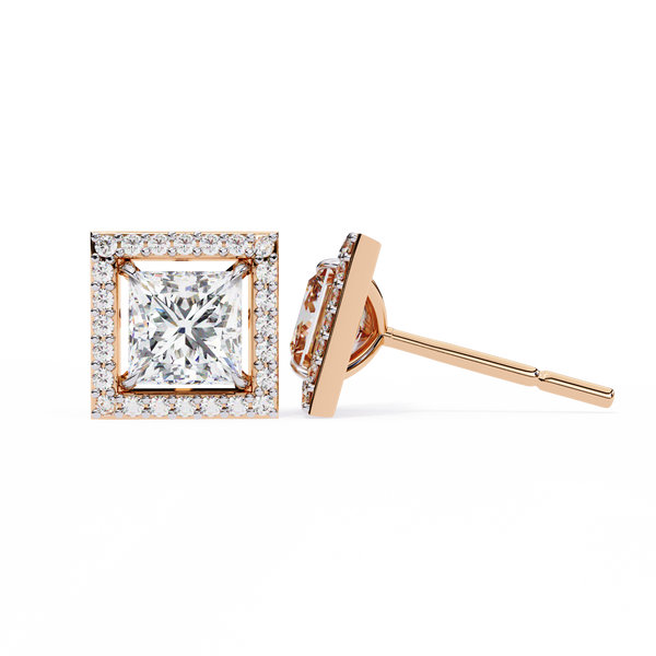 Rose Gold Princess Cut Diamond Square Halo Stud Earrings