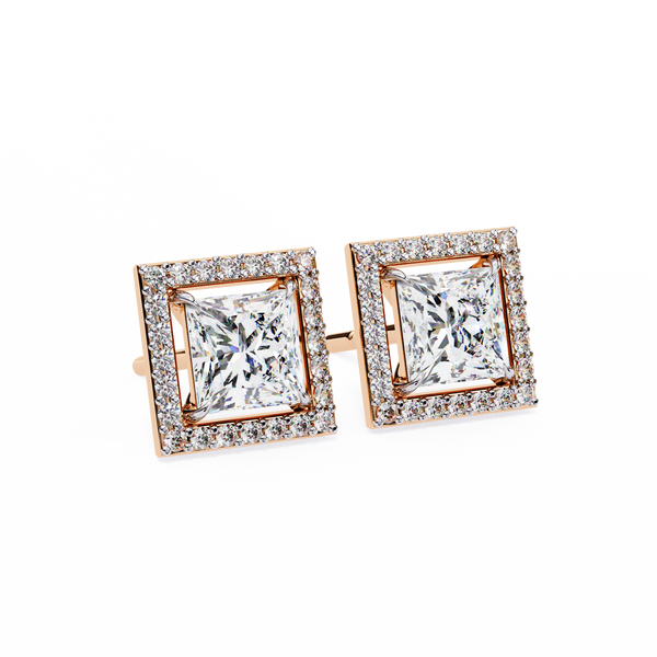 Rose Gold Princess Cut Diamond Square Halo Stud Earrings
